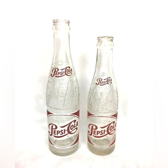 Pair of Vintage 12 oz and 8 oz 1950s SPARKLING PEPSI COLA Glass Bottles NY IN - Picture 1 of 4